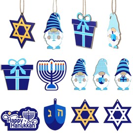 25 Pieces Hanukkah Gnome Ornaments Happy Hanukkah Wood Sign Star of David Menorah Dreidel Hanging Decoration for Hanukkah Party Decoration Home Living Room Wall Decorations