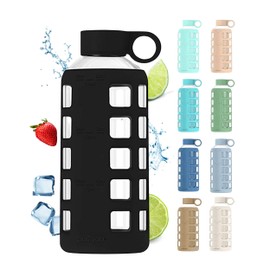 purifyou Premium 40/32 / 22/12 oz Glass Water Bottles with Volume & Times to Drink, Silicone Sleeve & Stainless Steel Lid Insert, Reusable Bottle for Fridge Water, Milk, Juice (22oz Jet Black)