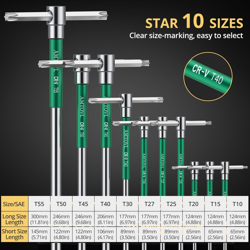 AMTOVL T-Handle Star Wrench Set - TORX, 10 Pcs T10-T55,