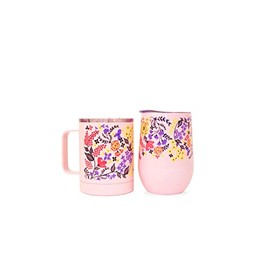 Wild Eye Designs Iceware Double Wall Vacuum Insulated Stainless Steel Travel Mug and Wine Tumbler Set 14 fl. oz Pink Floral