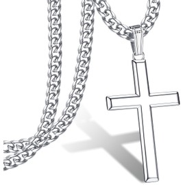 MILACOLATO 925 Sterling Silver Cross Necklace for Men Women with 5mm Diamond-Cut Durable Curb Cuban Link Chain Crucifix Cross Pendant Necklace Jewelry 26 Inches