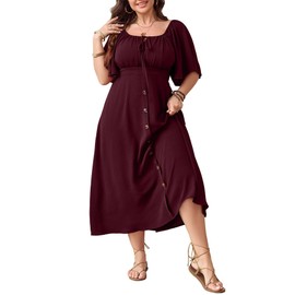 SHESTARR Plus Size Summer Dress Short Sleeve Square Neck Tie Front Smocked Button Down Flowy A-line Boho Maxi Long Dresses Burgundy