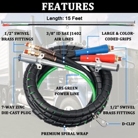YiaChuii 15ft 3 in 1 ABS & Power Air Line Hose with Glad Hands & 4 Glad Hand Seals for Tractor Trailer Semi Truck