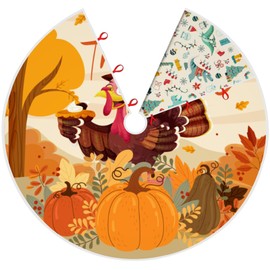 Double Sided Thanksgiving Tree Skirt Thanksgiving Decorations Decor Christmas Tree Skirt Cute Turkey Christmas Tree Skirt Mat for Tree (Thanksgiving/Christmas, 36“)
