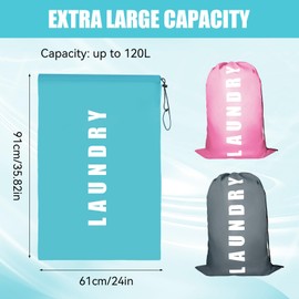 3PCS Travel Laundry Bag, 24" x 36" Large Laundry Bags, Portable Waterproof Dirty Clothes Bags, with Drawstring, Durable Rip-Stop, for Home, Travel, Holiday, Camping, Caravan, Dormitory(Blue&Grey&Pink)