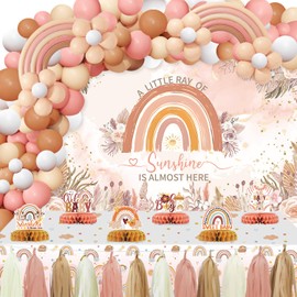 Boho Baby Shower Decorations for Girl, Boho Rainbow Baby Shower Decorations Party Supplies with Boho Rainbow Honeycomb Centerpieces Tablecloth Backdrop Tassel Balloons Arch Kit