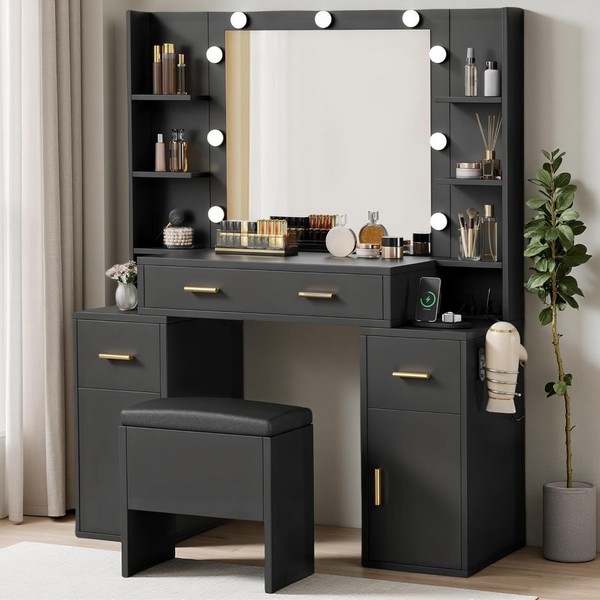 DWVO Vanity Desk with Large Mirror and LED Lights, Makeup
