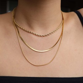 Juego de gargantilla de espiga rellena de oro de 14 quilates, cadena de serpiente de doble capa, cadena de espiga, collar de capas, collar de cadena cubana para mujer