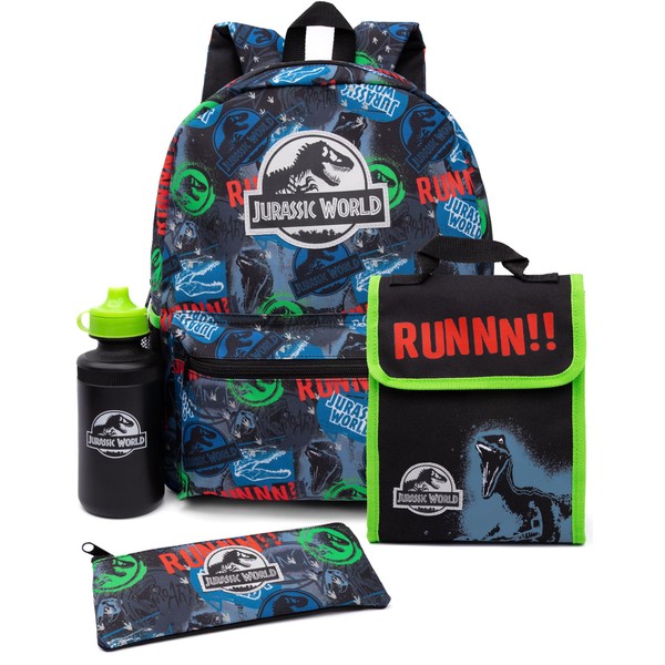 Jurassic World Backpack and Lunch Box Set for Kids | 4 Piece Dominion Movie T-Rex School Rucksack, Lunch Bag, Pencil Case & Water Bottle One Size