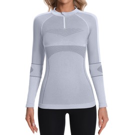 ATTRACO Women Athletic Running Base Layers Zip Up Long Sleeve Thermal Shirts Tight Fit Grey L