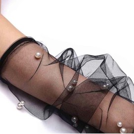 Long Tulle Pearl Gloves Fingerless Beaded Sheer Bridal Gloves for Wedding Bridal Opera Party (2, Black, Long)