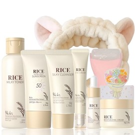 9PCS Rice Skincare Set for Women & Girls – Korean Skin Care Set with Rice Cleanser, Toner, Serum, Face Cream, Eye Cream, Sunscreen, Ice Roller, Headba