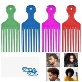 Kare & Kind Hair Pick Comb - 4 pcs - Ideal for Curly, Wavy, Afro Hair - For Hair Styling, Hairdressing, Detangle and Lift Hair - Smooth, Gentle Comb for Men, Women - Gift - Green, Blue, Purple and Red