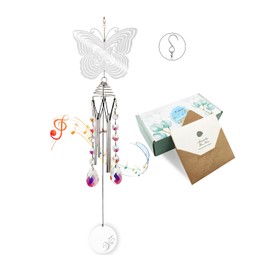 Hourwof Campanas de viento conmemorativas para exteriores, campanilla de viento decorativa con girador de viento para jardín, patio, campanilla de viento de vidrio, regalo de inauguración de la casa, mariposa