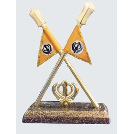 BEXCO Nishan Sahib Flag 4" inches with Khanda Sahib ji for Car Dashboard, home temples and tabletop (Gold)