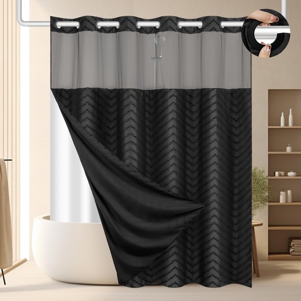 FADOTY No Hook Shower Curtain and Liner Set, Black Snap