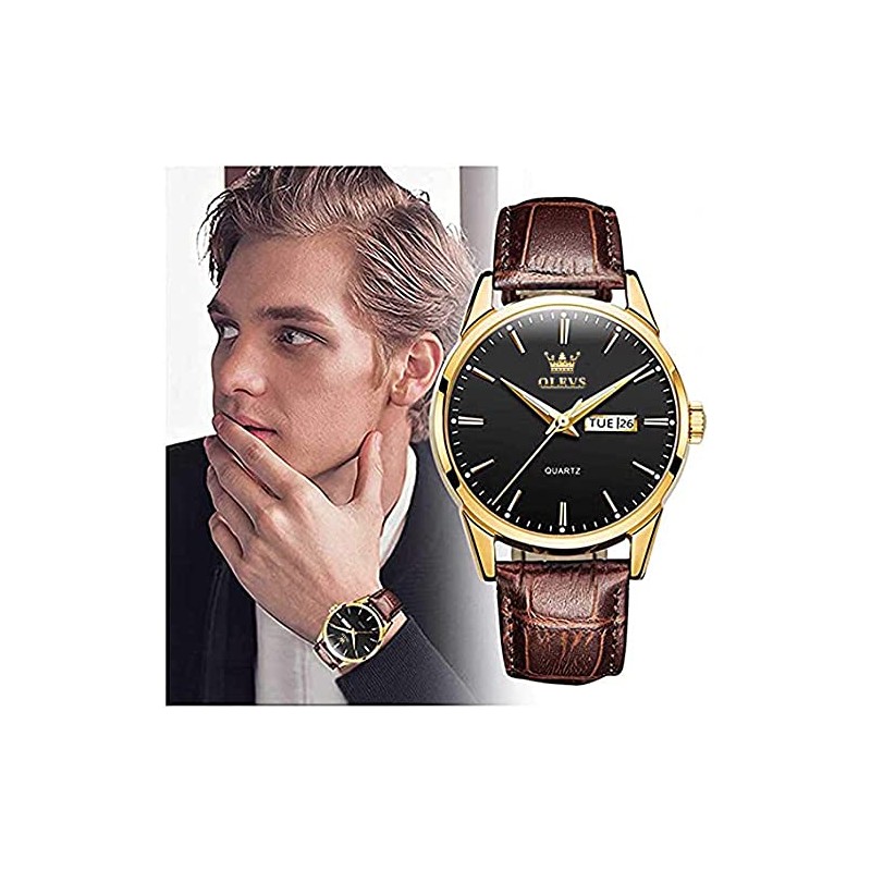 OLEVS Men Watch Brown Leather Strap Large Black Face Analog