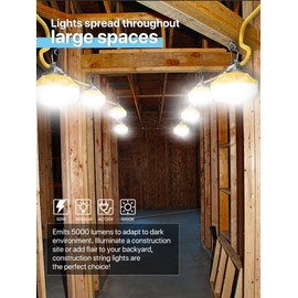 HYPERLITE 50FT Construction String Lights: 5 Bulbs with Climbing Hooks Work Lights - IP65 Waterproof Linkable LED Industrial Temporary Lighting for Construction Sites Attic Crawlspace Renovation