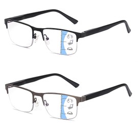 Missfive 2 Pack Mens Quality Progressive Multifocus Reading Glasses Blue Light Blocking, Man Spring Hinge No-Line Multifocal Readers Half Frame Metal Eyeglasses (Workspace For Near Range, 2.75x)