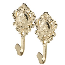 OULII 2-Pack Vintage Drapery Curtain Holdbacks Tieback Hooks Rose Pattern (Golden)