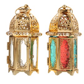 minkissy 2Pcs Gold Lantern Ramadan Lantern - Gold Eid Mubarak Christmas Lantern Square Home Table Candlestick Muslim Ramadan Decorations for Home Ramadan Lantern Decor