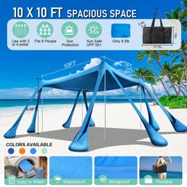 Ahititi Beach Tent Sun Shelter Beach Canopy Tent Sun Shade Pop Up 10x10 UPF50+ with 8 Sandbags-2 Sand Shovel-Portable 4 Aluminum Poles-Ground Pegs-Easy Setup for Outdoor Family Camping Fishing Picnic