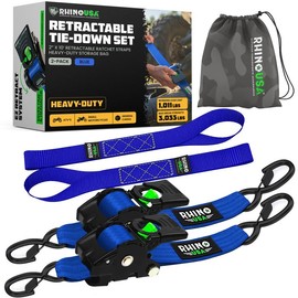 Rhino USA 2" x 10' Retractable Ratchet Straps 2-Pack - (3,033lb Break Strength) - Heavy Duty Self Retracting Tie Down Straps for Truck, Cargo Trailer:_Blue_4-Pack