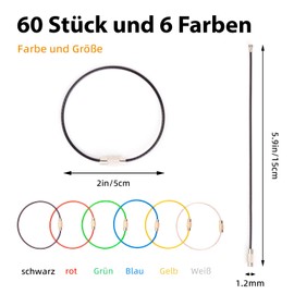 Hengxinchen Pack of 60 colourful wire key rings, 1.5 mm x 15 cm, stainless steel key ring, 6 colours, key ring, wire rope, key ring, stainless steel wire quick release for luggage tag button, coloured