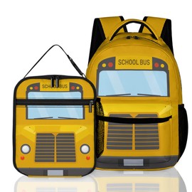 Corxiren School Bus Backpack with Lunch Box, School Bus Backpack Set, Cute Daypack 17-inch School Bus Lover Gift