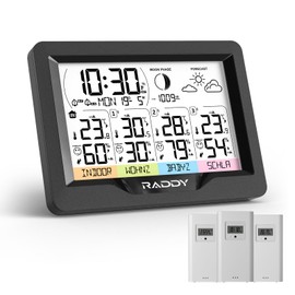 Raddy WF-60M Wireless Weather Station with Indoor Outdoor Thermometer, Atomic Clock, Dual Alarms, 3 Sensors, DIY Labels, Forecast, Hygrometer for Home, Garden, Farm