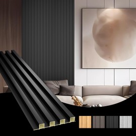 OUZUGIE WPC Acoustic Slat Wall Paneling, 8-Pack 96 x 6 Inches 3D Wall Panels for Interior Wall Decor,Living Room,TV Background,Study Room,Office Spaces,Bedroom,High Grille (Black)