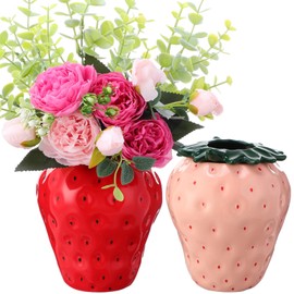 Mimorou 2 Pcs Strawberry Vase 6 Inch Strawberry Shaped Aesthetics Ceramic Fruit Planter Pot Decor Stuff Gifts for Party Baby Shower Kitchen Office Home Decorations