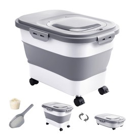 DDMOMMY 20-30 Lbs Rice Storage Container,Collapsible Food Storage Containers with Rolling Wheel Airtight Locking Lid,Flour Storage Container with Cup and Scoop,Suitable for Food,Rice,Pet Food,Flour