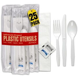 1InTheHome Plastic Utensils Individually Wrapped, Plastic Cutlery Packets, Spoons And Forks Set Disposable With Napkin Salt Pepper, 25 Pack