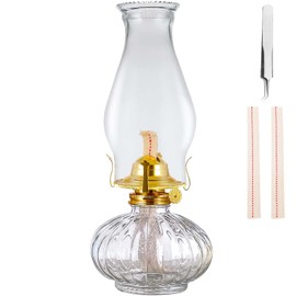 Large Oil Lamp for Indoor Use,Rustic Kerosene Lamp with 2 Pcs Wicks and 1 Tweezers,Glass Hurricane Lantern for Home Emergency Lighting (Clear)