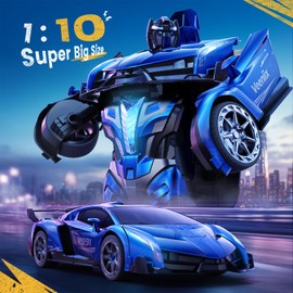 V991 Transform Remote Control Car, 1:10 Big Size, 2 Rechargeable Batteries for 70Min, 2.4GHz Gesture Sensing, One-Key Deformation, Robot Toys Gifts for Boys and Girls (Blue)