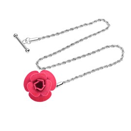 VVCome Classic Rose Lapel Chain for Men Flower Booch Lapel Pin with Long Chain Suit Shirts Clothing Accessories (Hot Pink Silver)