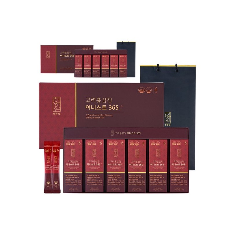 Cheonyangsam 6년근 고려홍삼정 어니스트 365 홍삼스틱 10g x 60포 선물세트+쇼핑백