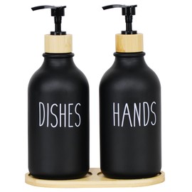 ZYGNHMO Bathroom Soap Dispenser Set, 16 oz Hand and Dish Soap Dispenser Set with Bamboo Tray, Suitable for Rustic Kitchen Decor. (Black)