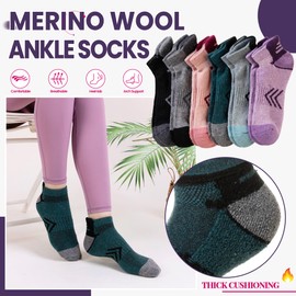 Velice Merino Wool Ankle Hiking Running Socks for Women Compression Thick Athletic Cushion Breathable No Show Socks 6 Pairs(Pink/Green/Purple/Grey/Black, Large)