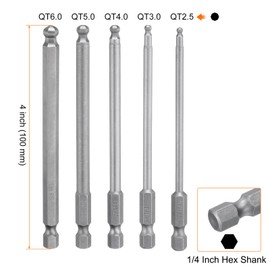 HARFINGTON 5pcs Ball End Hex Screwdriver Bit Set QT2.5/QT3.0/QT4.0/QT5.0/QT6.0 S2 Steel 1/4" Hex Shank 4" Length Magnetic Hexagon Head Power Drill Bits