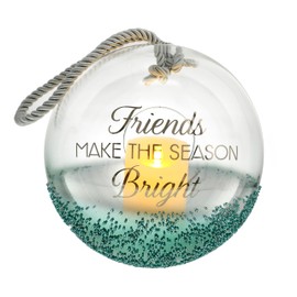 Pavilion - Friends Make The Holiday Season Bright - 9.5" Hand Blown Glass Silver Green Beaded Rope Lantern LED Candle Holder Winter-Themed Terrarium Holder Holiday Christmas Winter Wonderland Decor