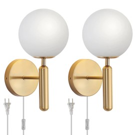 Gold Plug in Wall Sconces Set of 2, 12W Dimmable Wall Lamp with Plug in Cord, Luxury LED Mid Century Corded Sconce Globe Ball Shade Modern Plug in Wall Light for Bedroom Living Room(Bulb Included)