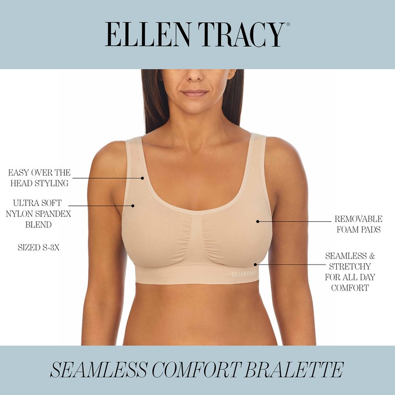 ELLEN TRACY Women's Underwear, Seamless Wirefree Bra, Bralette with Removable