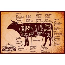 mrdeco Metal Sign 12 x 18 cm Domed Butcher Beef Cuts Organic Butcher Shop Sign