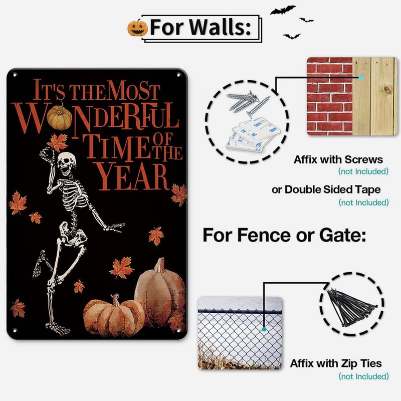Skeleton Pumpkin Leaf Autumn Seasonal Metal Sign
