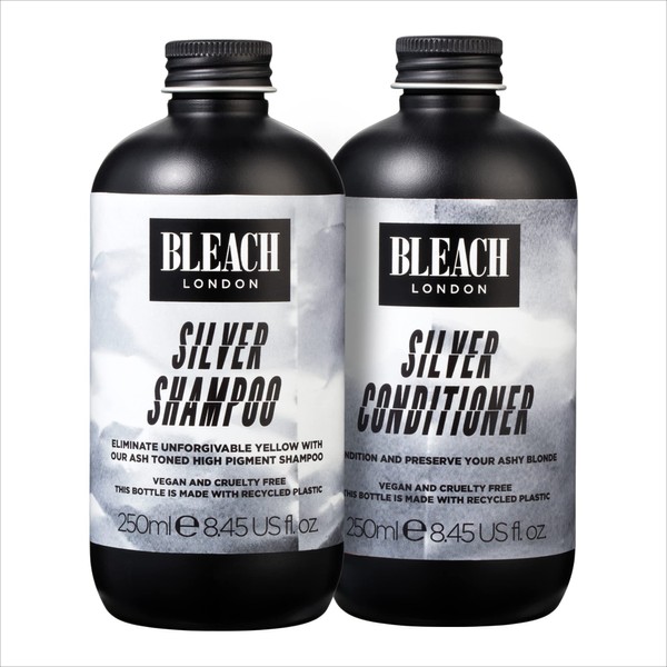 BLEACH LONDON Silver Shampoo 250 ml and Silver Conditioner 250 ml - High Pigmented Ashy Silver Rinse, Vegan Cruelty Free, colour Protected Clean, colour Depositing Toning Formula