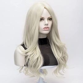 Platinum Blonde Wig Morticia Long Wavy Realistic Curly Synthetic White Blonde Daily Wig (Platinum Blonde) (Platinum Blonde)