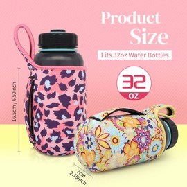 2Pack Reusable Neoprene Insulator Water bottle Carrier holder Sleeves with Handle for 32 Oz Wide Mouth Sport Water Bottle (Fits 32oz Nalgene, Classic Leopard + Sunflower(2 Pack))