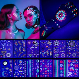 12 Hojas Grandes Glow in the Dark Tattoo 150+ Neon Maquillaje Temporal, Rave Festival Accesorio, Cara Falsa Mariposa Tatuaje UV Luz Negra para Mujeres Artículos de Fiesta (12 Hojas Estilo Metálico)